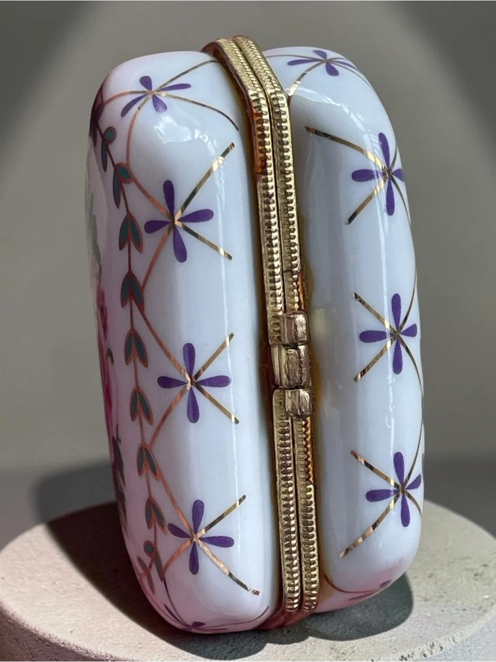Vintage Floral Porcelain Purse Trinket Box Rose Hinged Keepsake Box